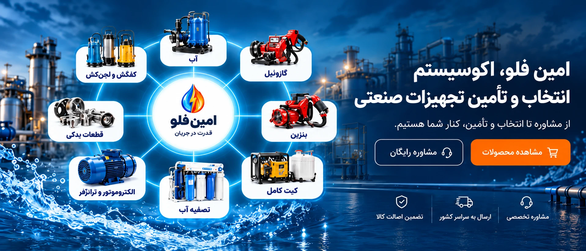 بنر معرفی امین فلو برای انتخاب و تأمین تجهیزات آب، سوخت و تجهیزات صنعتی