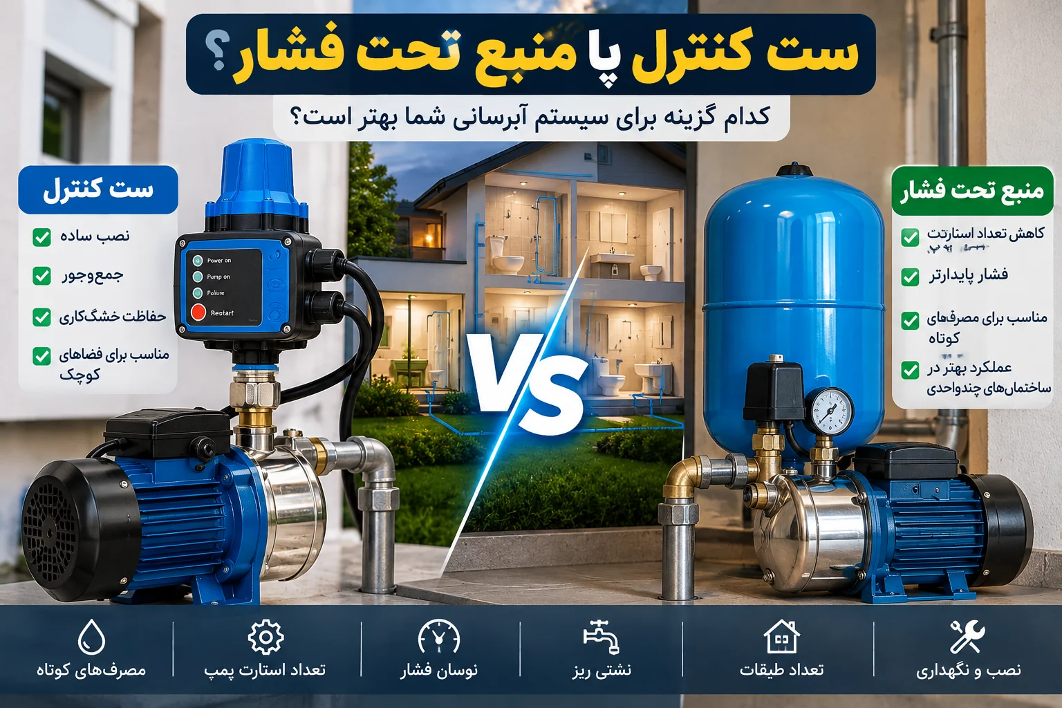 مقایسه ست کنترل و منبع تحت فشار برای انتخاب سیستم مناسب پمپ آب خانگی